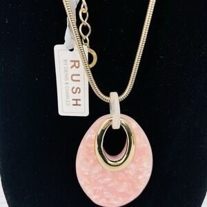 RUSH Necklace long gold tone, pink acrylic reversible pendant 19" New